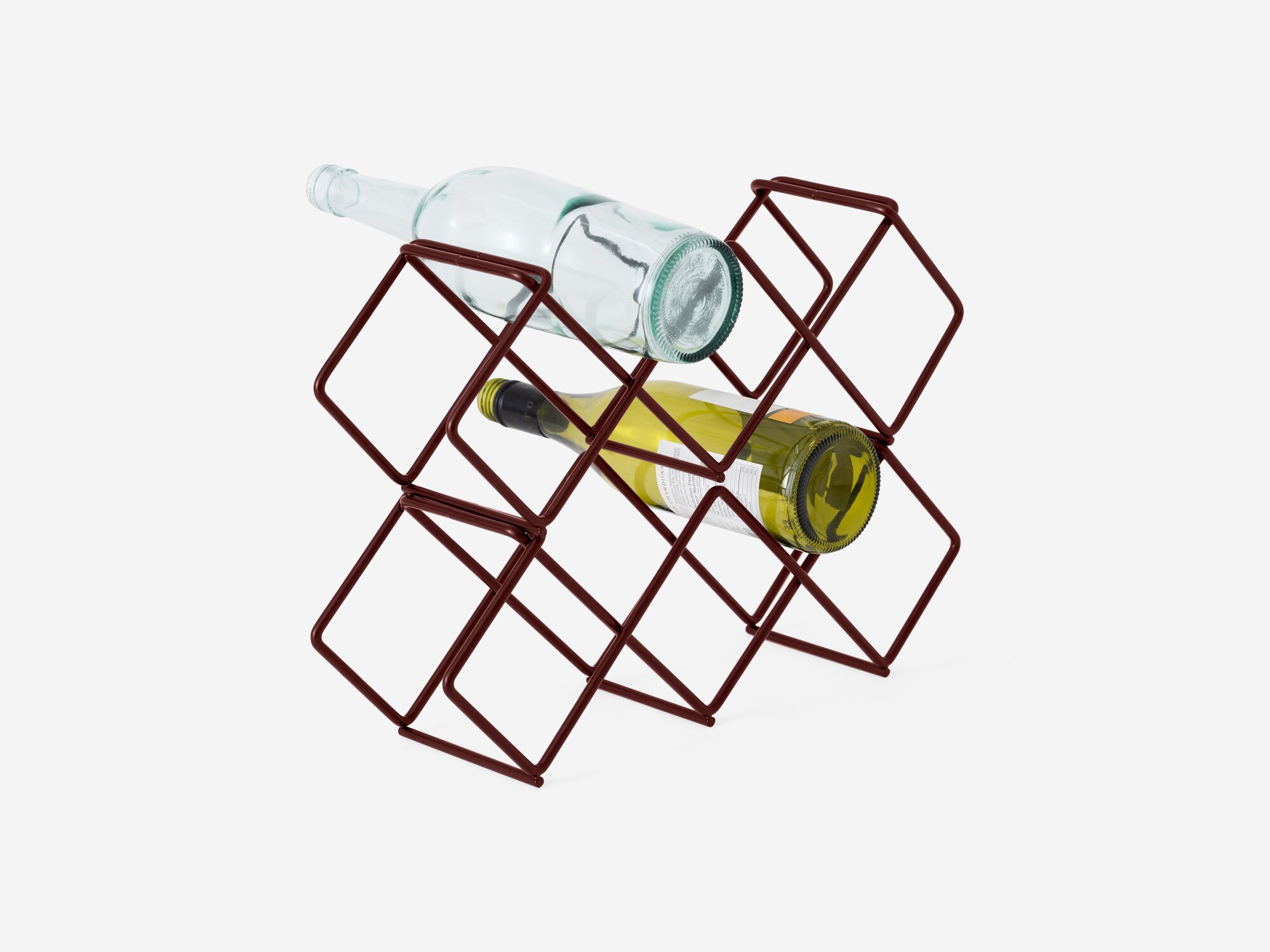 Front angle view of double modular red wire wine rack with bottles